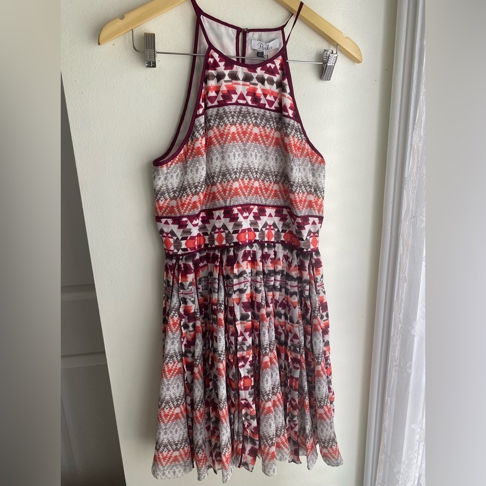 NWT Parker Mini Dress Fit & Flare Ruffle Geometric Print Halter Neck Size Small